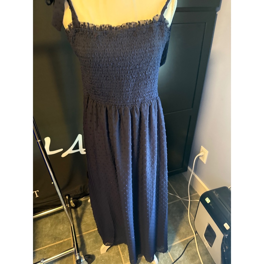 Annebouti Navy Blue Swiss Dot Smocked Maxi Dress Tie Shoulder Ruffle Large